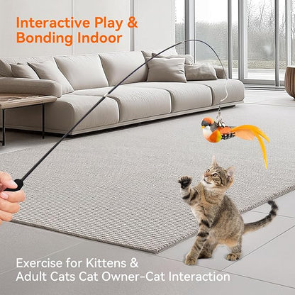 Blrmba Cat Toy Set 11PCS: Interactive Bird Toys for Indoor Kittens & Cat Teaser Wand, 39" Fishing Pole + 18.5" Short Telescopic Wand, 2 Wires, 6 Feather & 1 Bird Toy – EVA Handles, Exercising, Playing