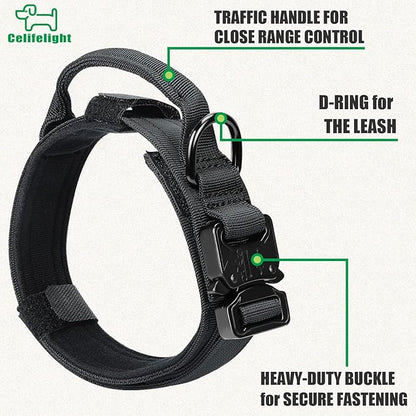 Tactical Military Collar - Adjustable Nylon, Heavy Duty Metal Buckle with Handle for Dog Training, with Patches (M, Black)