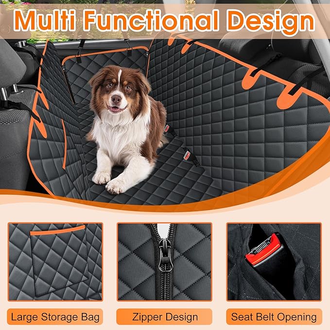 NECKORY Waterproof Dog Car Seat Cover for Back Seat - Durable, Scratch Proof Pet Hammock with Nonslip Design & Storage Pockets, Fits Cars, SUVs, Trucks- S, Black/Orange