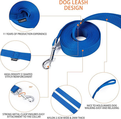 Siumouhoi Strong Durable Nylon Dog Training Leash, 1 Inch Wide Traction Rope, 6 ft 10ft 15ft Long, for Small and Medium Dog (Blue, 10 Feet)
