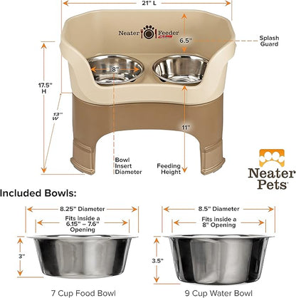 Neater Feeder Deluxe Mess Proof Dog Bowls Elevated for Large Dogs – Made in USA – No Spill Raised Dog Food Bowl Stand w/Leg Extensions – Stainless Steel Dog Food and Water Bowl Set – Cappuccino