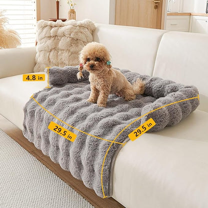 Calming Dog Bed for Couch, 29.5 x 29.5 inch, Non-Slip Rabbit-Velvet Dog Sofa Mat for Furniture Protector, Perfect for Small, Medium Dogs and Cats (Dark Gray)
