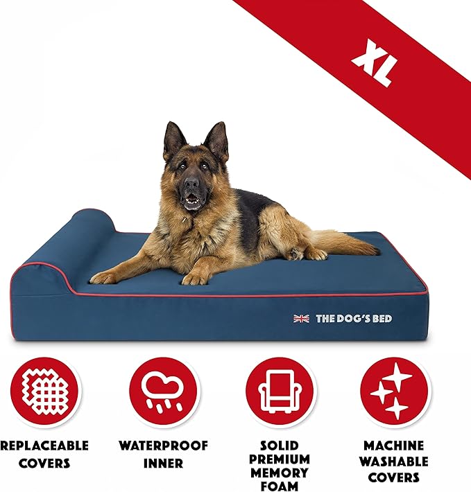 The Dog’s Bed Orthopedic Headrest Dog Bed XL Blue Oxford with Red Trim UK Flag Dog Bed, Memory Foam, Hip & Elbow Dysplasia, Post Surgery, Waterproof Washable Cover, Veterinary Approved