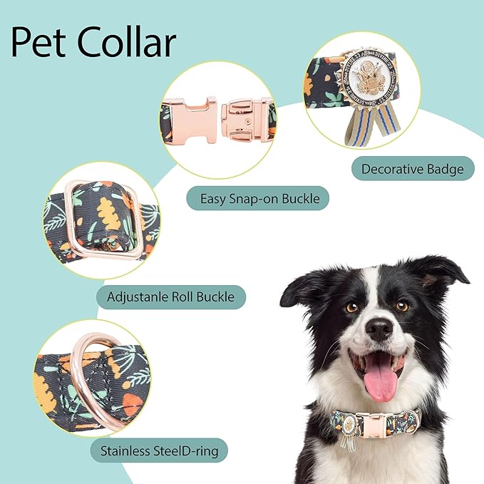 Metal Buckle Dog Collar with Dedals, 3-Size Comfortable Adjustable Cotton Dog Collar for Small, Medium, Large Male Female Dogs (Foliage, L(15-23in))