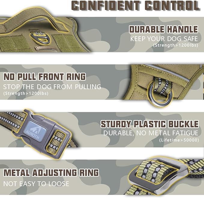 AUROTH Tactical Dog Harness for Large Dogs No Pull Adjustable Pet Harness Reflective K9 Working Training Easy Control Pet Vest Military Service Dog Harnesses Army Yellow XXL