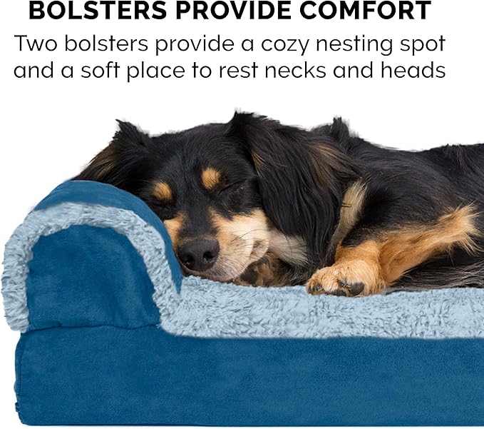 Furhaven Orthopedic Dog Bed for Large/Medium Dogs w/ Removable Bolsters & Washable Cover, For Dogs Up to 55 lbs - Two-Tone Plush Faux Fur & Suede L Shaped Chaise - Marine Blue, Large