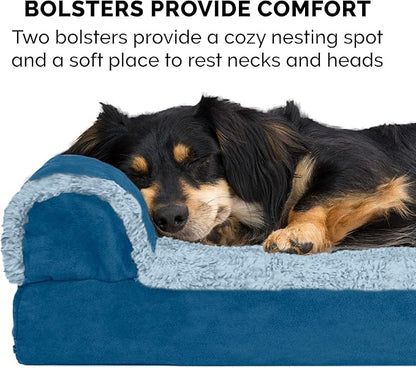 Furhaven Orthopedic Dog Bed for Large/Medium Dogs w/ Removable Bolsters & Washable Cover, For Dogs Up to 55 lbs - Two-Tone Plush Faux Fur & Suede L Shaped Chaise - Marine Blue, Large