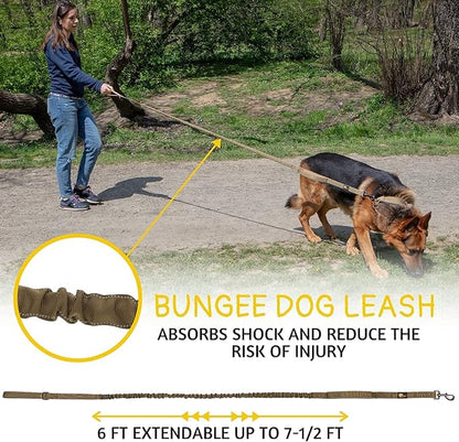 ADITYNA Tactical Bungee Dog Leash 6ft-7.5ft - Shock Absorbing Lead with 2 Padded Handles, Metal Clasp, Car Seatbelt - Heavy Duty No Pull for Medium, Large & XL Breeds
