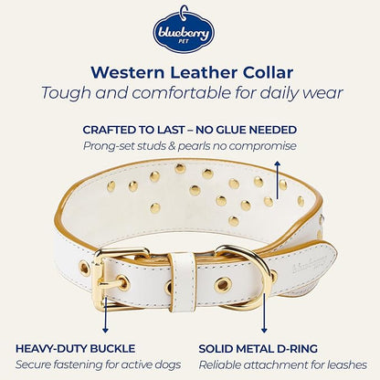 Blueberry Pet Western Genuine Leather Dog Collar for Medium Breeds, Pearl White - Floral Embroidery, Pearl Studs, Adjustable 15-18 Inch Neck, Dog Collars for Medium Dogs