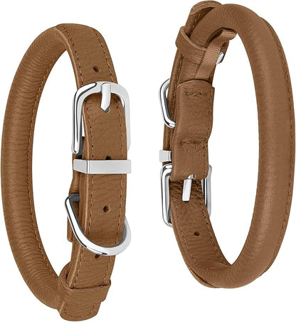 OOPSDOGGY Rolled Leather Dog Collar Soft Roll Collars for Small Medium Large Dogs Puppy (Brown, XS, 8"-11")