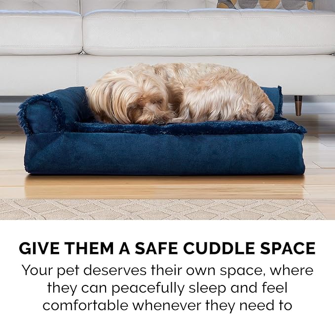 Furhaven Memory Foam Dog Bed for Large Dogs w/ Removable Bolsters & Washable Cover, For Dogs Up to 95 lbs - Plush & Velvet L Shaped Chaise - Deep Sapphire, Jumbo/XL