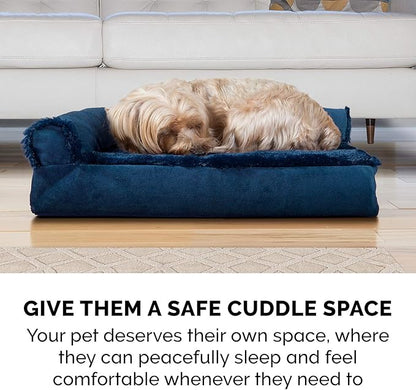 Furhaven Memory Foam Dog Bed for Large Dogs w/ Removable Bolsters & Washable Cover, For Dogs Up to 95 lbs - Plush & Velvet L Shaped Chaise - Deep Sapphire, Jumbo/XL