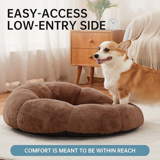 OhGeni 31 inches Calming Donut Orthopedic Dog & Cat Bed for Medium Pets, Warming Comfort Fluffy Short Pile Fur, Durable Waterproof Machine Washable Removable Cover, Cute Round Bed for Puppy, Brown