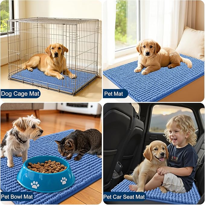 OLANLY Dog Door Mat for Muddy Paws 30x20, Ultra Absorbent Chenille Mud Doormat, Non-Slip Washable and Dirt Trapping Doormat for Indoor Entryway, Quick-Dry Indoor Pet Bed Mats for Dogs, Cornflower Blue
