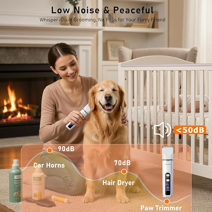 JIUWIIL Dog Clippers for Grooming, 4 in 1 Dog Grooming Kit Hair Clipper with LCD Display, Dog Trimmer for Grooming, Dog Hair Trimmer for Paw Nail Grinder,Shaver Grooming Supplies for Pet Cats Dogs