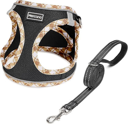 Mercano Soft Mesh Dog Harness and Leash Set, No-Chock Step-in Reflective Breathable Lightweight Easy Walk Vest Harnesses with Safety Buckle for Small Dogs, Cats (Black Yellow, XS)