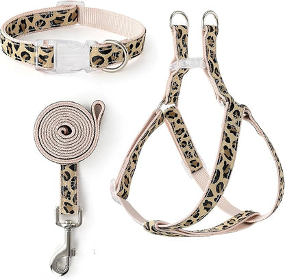 Mile High Life Leopard Dog Harness Collar Leash Set, Adjustable No Pull Dog Halter Harness for Small Breed Dogs, Easy Control for Training Walking (Beige, S Chest 11"-18", Neck 10"-14")
