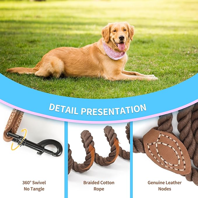 Mile High Life Short Dog Leash, Braided Cotton Rope Leashes with Leather Tip - Heavy Duty Metal Clasp, 18IN, 1/2" Thick - Wedding, Walking & Training Leash for Medium Large Dogs