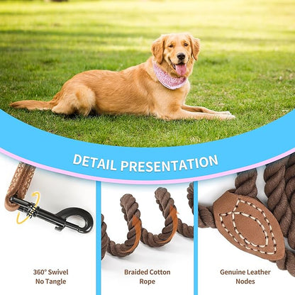 Mile High Life Short Dog Leash, Braided Cotton Rope Leashes with Leather Tip - Heavy Duty Metal Clasp, 18IN, 1/2" Thick - Wedding, Walking & Training Leash for Medium Large Dogs