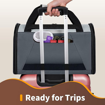 PAPZER Collapsible Small Pet Carrier for Cat 15 lbs with Fashion Pocket, Lightweight Sturdy Travel Carry Bag Little Puppy Dog, Breathable Stylish Kitten Soft Cage Kennel, 17.7x11.0x11.8 Inch Grey