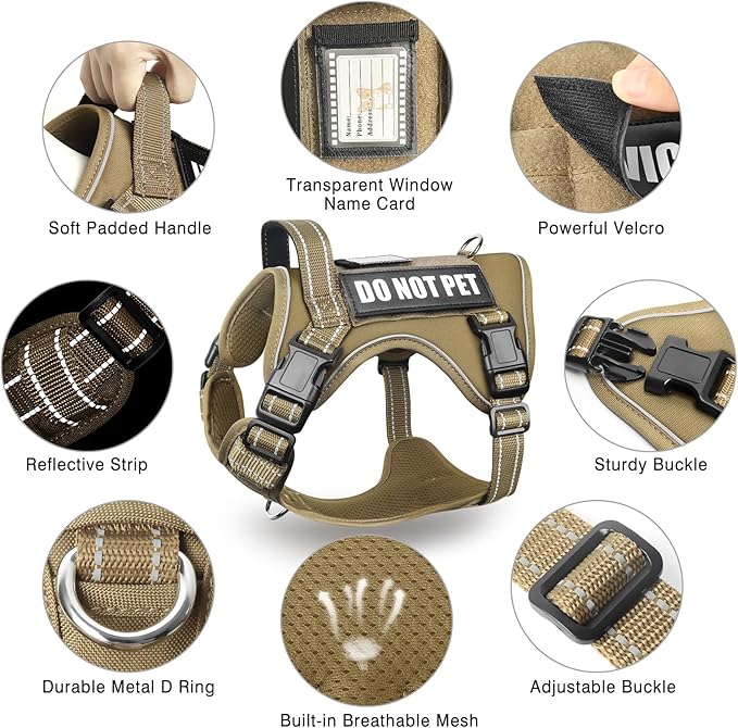 MOOGROU Tactical Dog Harness and Leash Set Small Sized Dog,Heavy Duty No Pull Service Dog Vest and 10 Patches with Dog Seat Belt,Reflective Adjustable Pet Harness for Training Walking Hiking Brown S