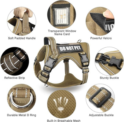 MOOGROU Tactical Dog Harness and Leash Set Medium Sized Dog,Heavy Duty No Pull Service Dog Vest and 10 Patches with Dog Seat Belt,Reflective Adjustable Pet Harness for Training Walking Hiking Brown M