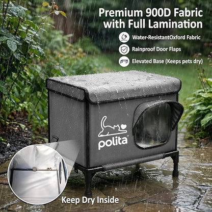 Polita Indestructible Heated Cat House for Outdoor Cats in Winter, Extremely Insulated & 100% Weatherproof, Elevated Feral Cat Shelter with Waterproof Eaves & Safe Escape Door for Stray & Barn Cats