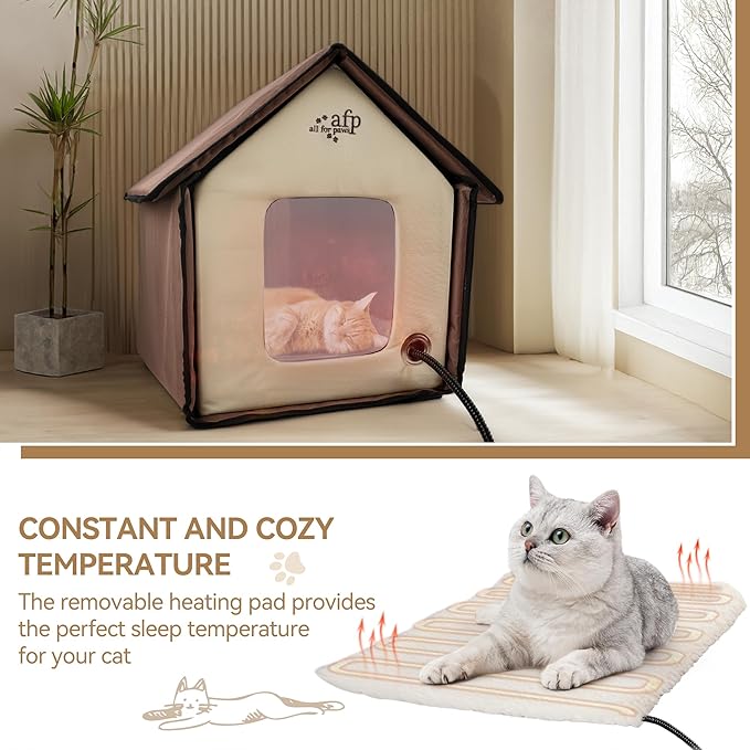 ALL FOR PAWS Heated Cat House, Indoor/Outdoor Cats Home for Winter with Heated Pad,Cat Houses & Condos, Feral Kitty Shelter, Thermo Kitty Home