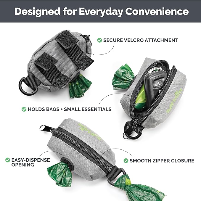 Tuff Mutt Dog Poop Bag Holder with Velcro Attachment - Durable Fabric Poop Bag Dispenser for Leashes - Includes Starter Roll for Easy Cleanup