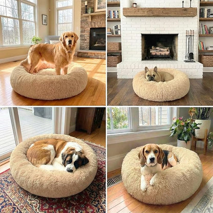 WisQoo Calming Donut Pet Bed – Plush & Supportive Round Bed with Extra Filling for Comfort – Removable Cover & Water-Resistant Liner – Cozy, Fluffy Nest for Dogs & Cats (Beige, 30" L x 30" W x 9”Th)