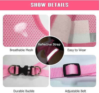 FEimaX Dog Harness and Leash Set for Walking, Soft Mesh Adjustable Easy Control Lightweight Cat Vest Harnesses with Reflective Strips, Escape Proof Small Dogs Cats Vests (Pink, Small)