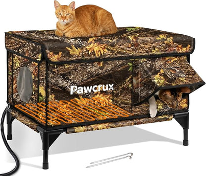 Weatherproof Heated Cat House for Outdoor in Winter, Heated Cat Bed Kitty Shelter with Cat Heating Pad, Insulated & Safe Escape Door, Warm House for Outside Stray Cat (Leaf Color, 17.6"x25.5"x17.9")