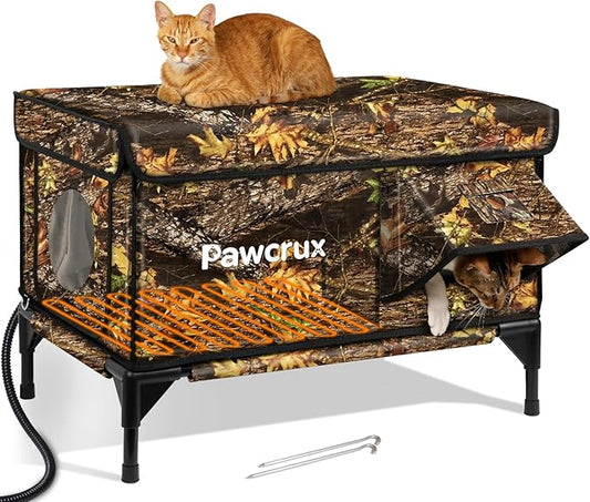 Weatherproof Heated Cat House for Outdoor in Winter, Heated Cat Bed Kitty Shelter with Cat Heating Pad, Insulated & Safe Escape Door, Warm House for Outside Stray Cat (Leaf Color, 17.6"x25.5"x17.9")