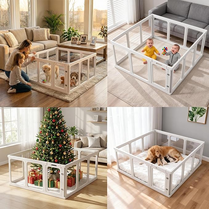 Jatindear 12Pcs Clear Acrylic Plastic Dog Playpen, 23.6“ H Lightweight & Easy Assemble Playpen Divider, Durable Safety Play Pen Indoors, Puppy, Cat, Small Animal(White)