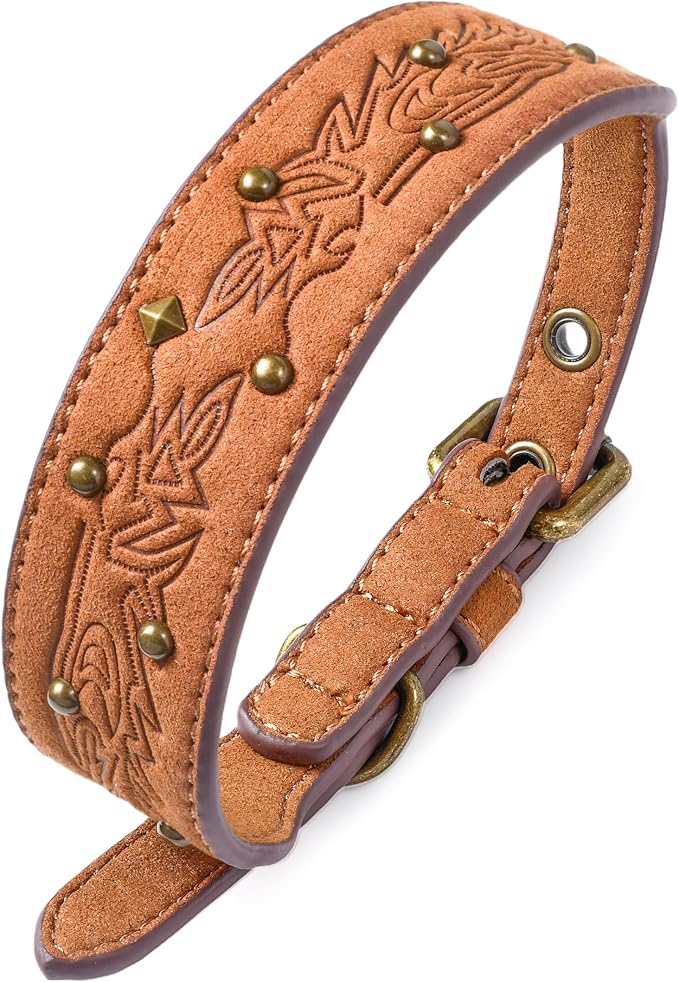 Blueberry Pet Premium Embossed Silver-Powered Freshness Microfiber Suede Leather Dog Collar in Saddle Brown