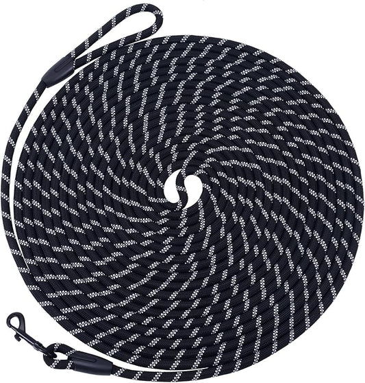 Long Dog Leash for Training 50Ft-Reflective Nylon Rope with Swivel Hook-Recall Agility Lead for Large Small Medium Dogs Outside Walking Hiking-Black