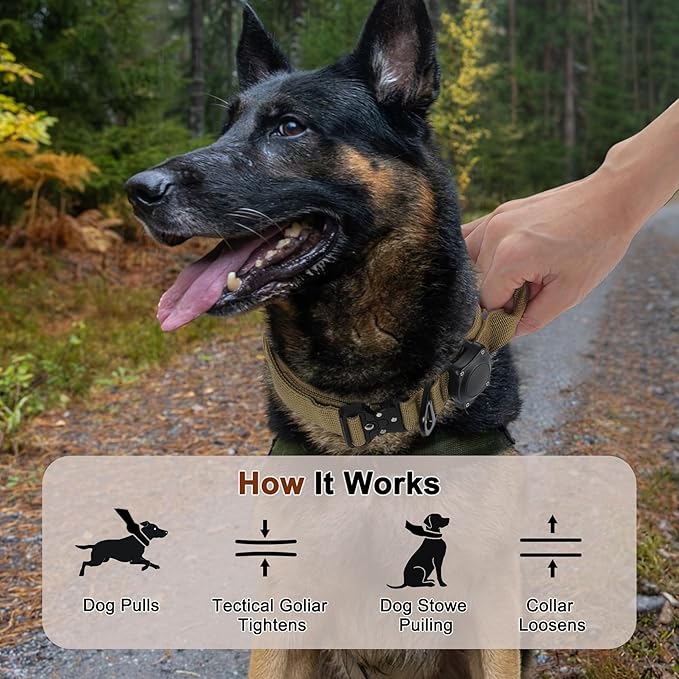 Dog Collar, Waterproof Tactical Dog Collar with Control Handle and Zinc Alloy Buckle, Pet Collar for AirTag Medium Large Dogs, Medium, Khaki (Includes Screwdriver Accessories)