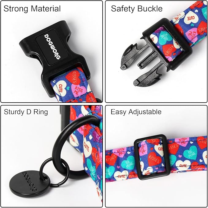 DOGWONG Valentine's Dog Collar - Blue Heart Candy Adjustable Cotton Heart Dog Collar - Perfect for Small to Medium Dogs