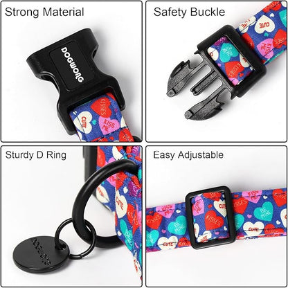 DOGWONG Valentine's Dog Collar - Blue Heart Candy Adjustable Cotton Heart Dog Collar - Perfect for Small to Medium Dogs