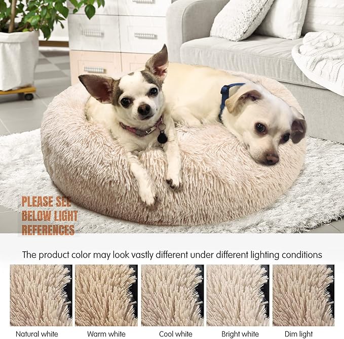 Calming Dog Bed for Medium Dogs Washable Donut 30 inches Anti-Slip Pet Bed,Round Fluffy Plush Faux Fur Cat Bed,Fits up to 45 lbs Pets,Beige