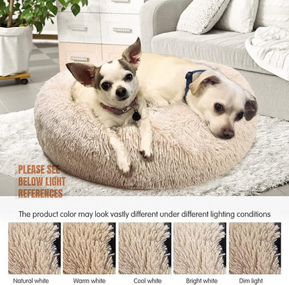 Calming Dog Bed for Medium Dogs Washable Donut 30 inches Anti-Slip Pet Bed,Round Fluffy Plush Faux Fur Cat Bed,Fits up to 45 lbs Pets,Beige