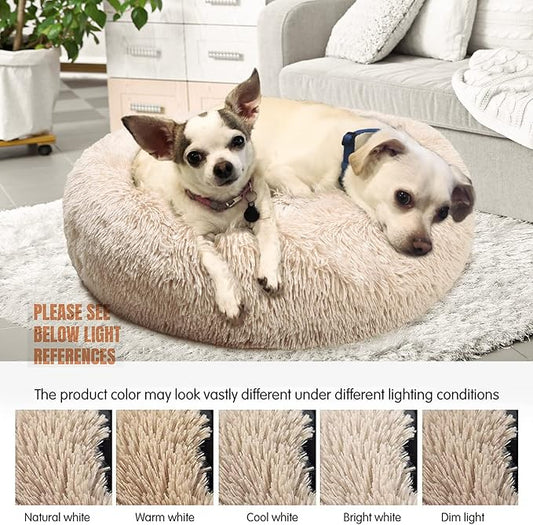 Calming Dog Bed for Medium Dogs Washable Donut 30 inches Anti-Slip Pet Bed,Round Fluffy Plush Faux Fur Cat Bed,Fits up to 45 lbs Pets,Beige