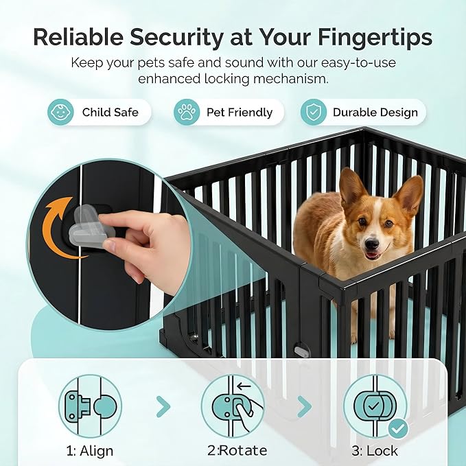 Jatindear 7 Panels Plastic Dog Playpen, Expandable & Durable Pet Fence - Indoor & Outdoor Portable with Secure Locking Door, Durable Safety Play Pen with Puppy, Cat, Small Animal(Black, 23.62" H)