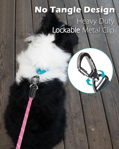 PetBonus Double Handle Rope Dog Leash, 6FT Heavy Duty Training Lead with Lockable Hook and 2 Comfortable Padded Handles, Reflective Walking Nylon Leash for Large Medium Dogs (55-200 lbs, Pink)