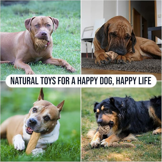 3Pcs Natural Coffee Wood Dog Chew and Hemp Ball Toys for Large & XL Dog Over 70lbs - 100% Organic Toys for Teeth Cleaning, Reduces Stress, Mental Stimulation