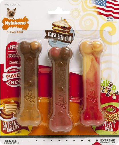 Nylabone Original Bone Power Chew Toy for Dogs, Durable Dog Toys for Aggressive Chewers, Flavor Frenzy Pancakes & Sausage, Roast Beef, & Lasagna, X-Small - Up to 15 lbs, 3 Pack