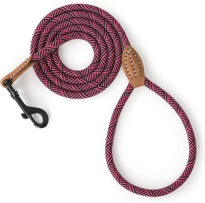 Mile High Life Small Dog Leash, Thin Rope Leash with Genuine Leather Connection and Heavy Duty Metal Clasp, Great for Small Medium Dogs(Pink,72 Inch-1/3)