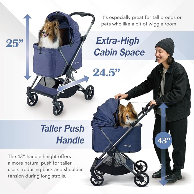 ibiyaya Maxi Deep Carriage Pet Stroller for Cats and Small Dogs – Flat-Free Rubber Wheels, One-Hand Fold, Extra-Tall Cabin (Royal Blue)