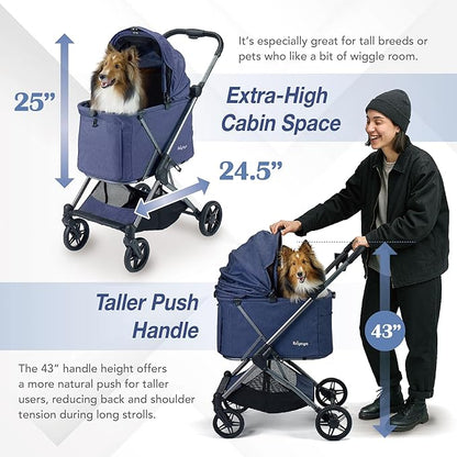 ibiyaya Maxi Deep Carriage Pet Stroller for Cats and Small Dogs – Flat-Free Rubber Wheels, One-Hand Fold, Extra-Tall Cabin (Royal Blue)