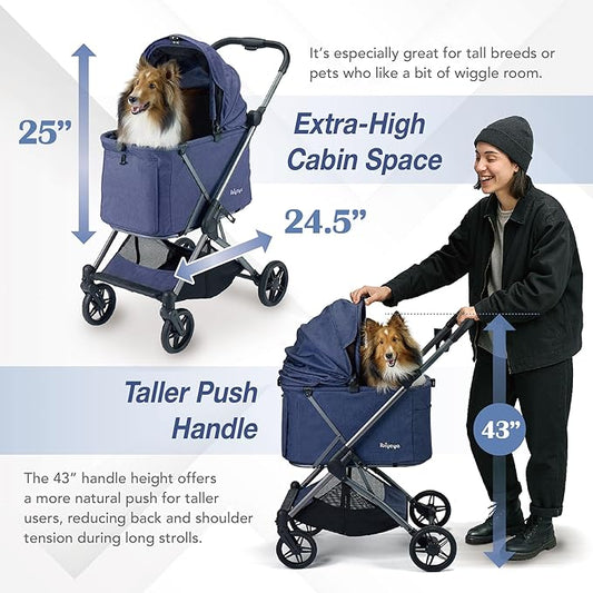 ibiyaya Maxi Deep Carriage Pet Stroller for Cats and Small Dogs – Flat-Free Rubber Wheels, One-Hand Fold, Extra-Tall Cabin (Royal Blue)